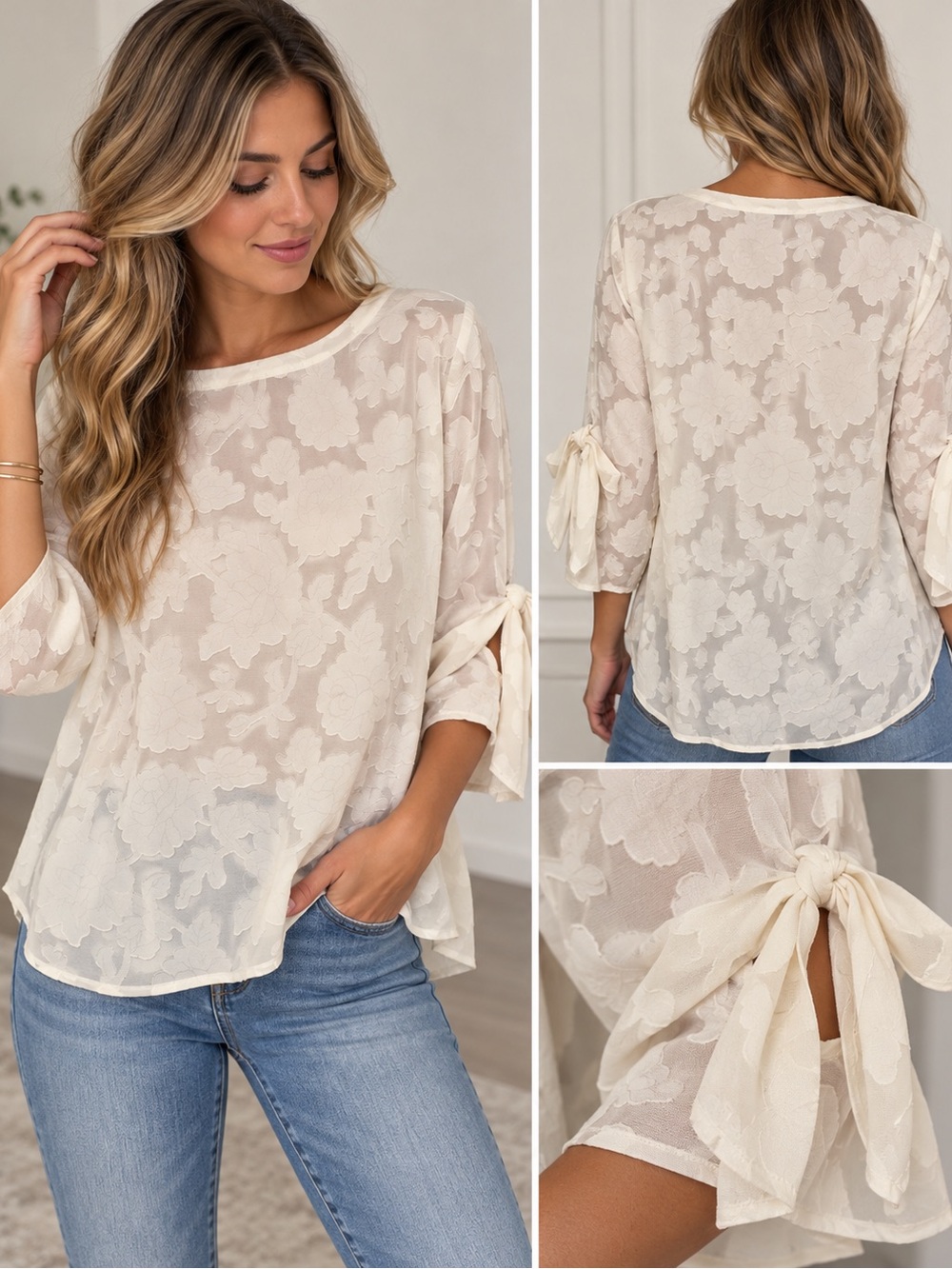 Sheer Floral Tie-Sleeve Women's Top in Cream